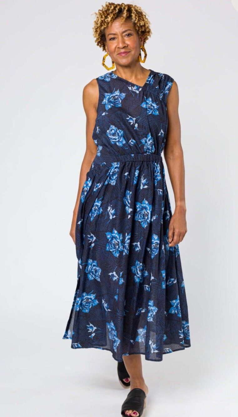 Rachel Comey Maze Dress 0 Blue Squiggle Rose Floral Asymmetrical Cotton Midi